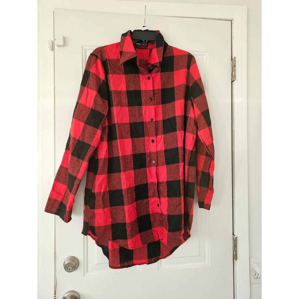 SHEIN Buffalo Plaid Shirt Women XL Red Black Excellent High-Low Button Down